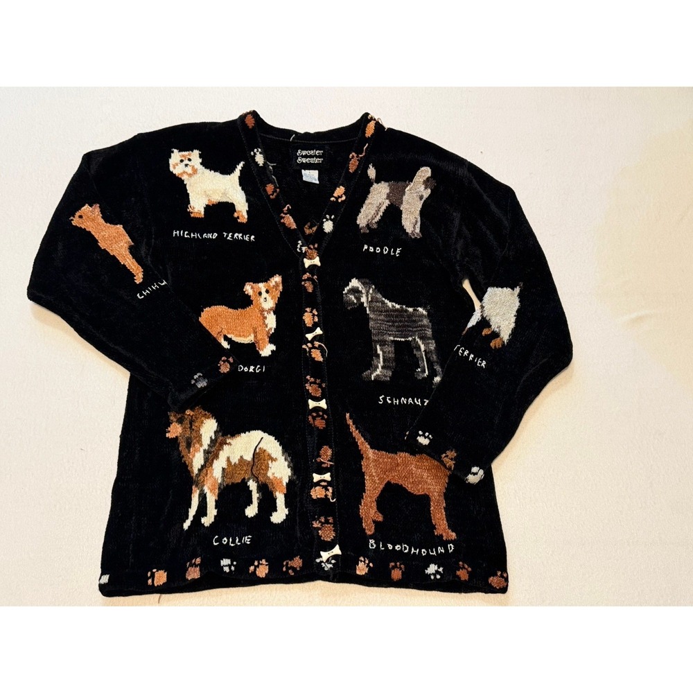 Vintage 90s Chenille Knit Womens sz.L Dogs All Breeds Cardigan Sweater Black